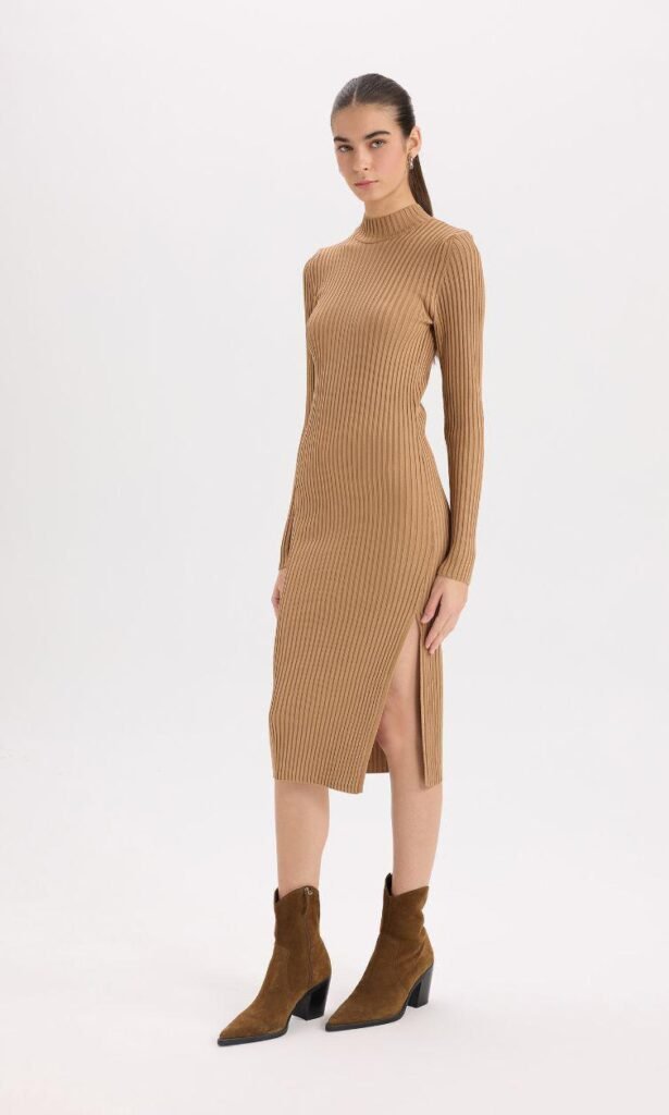 Figgzo Ribbed Mock Neck Midi Dress