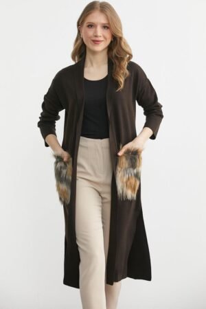 Figgzo Luxe Longline Cardigan with Faux Fur Pockets