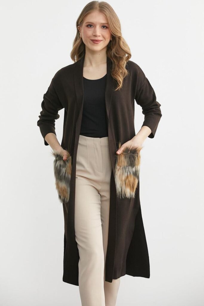 Figgzo Luxe Longline Cardigan with Faux Fur Pockets